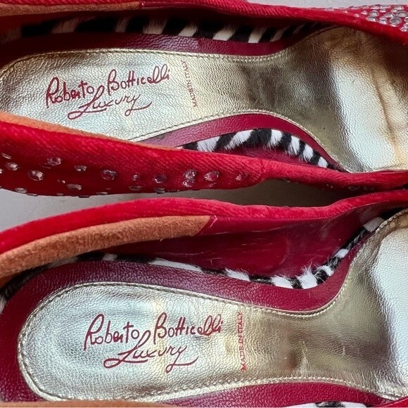 Roberto Botticelli Red Velvet & Rhinestone Heels Zebra Print EU 38 US 7.5 - 8 - Picture 12 of 15